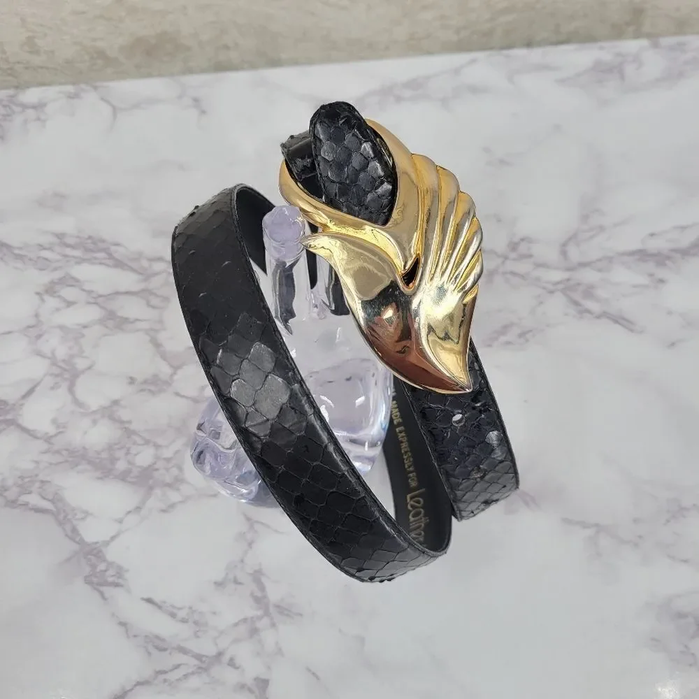Leather Shop Belt Black Snakeskin Snake Animal Print with Gold Toned Buckle